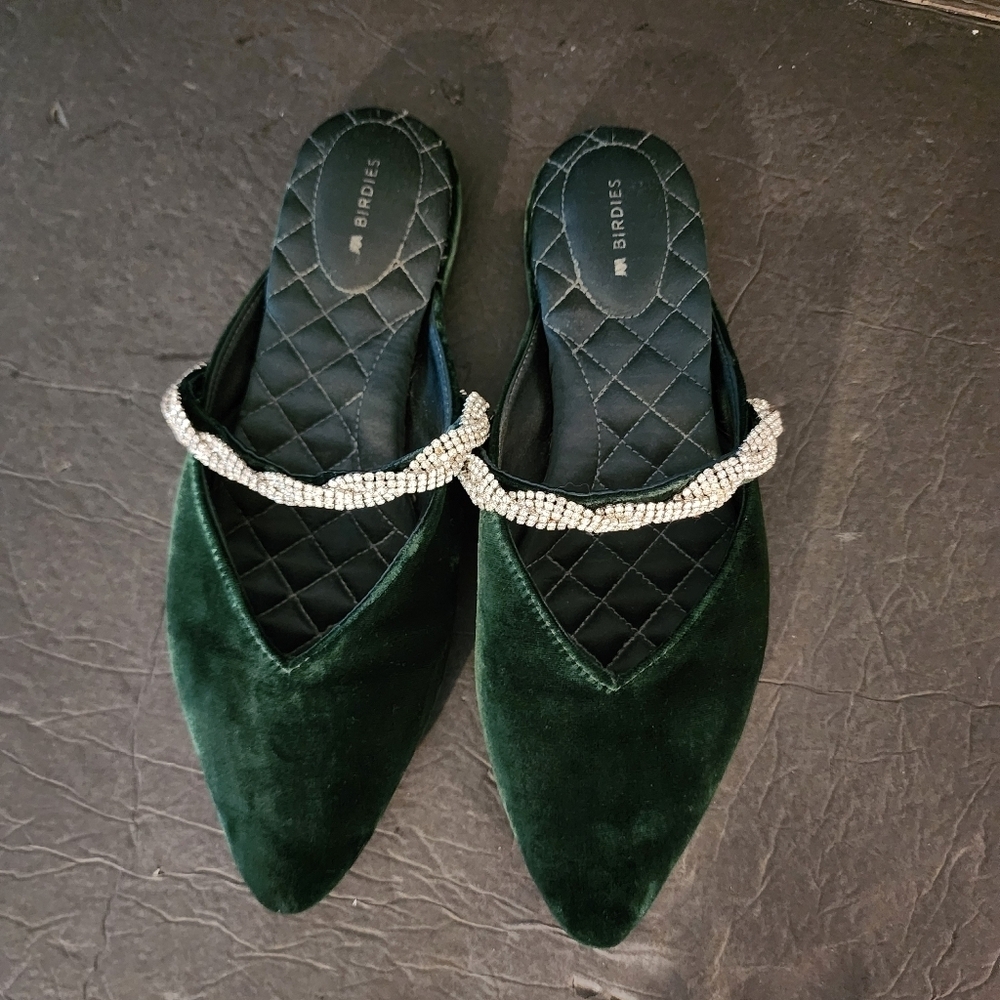 Birdies The Swan Emerald Crystal Bracelet Velvet Mules Slip Ons Size 8.5 see pic